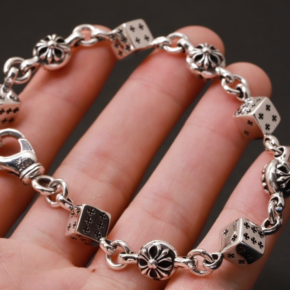 Chrome Hearts Dice Floral Cross Sterling Silver Bracelet Lobster Clasp